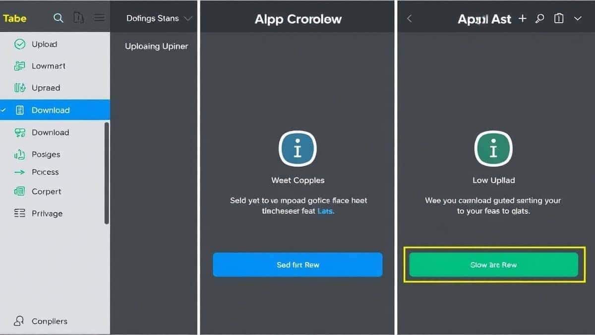 three step process showing upload compress download interface with progress indicators three step process showing upload compress download interface with progress indicators
