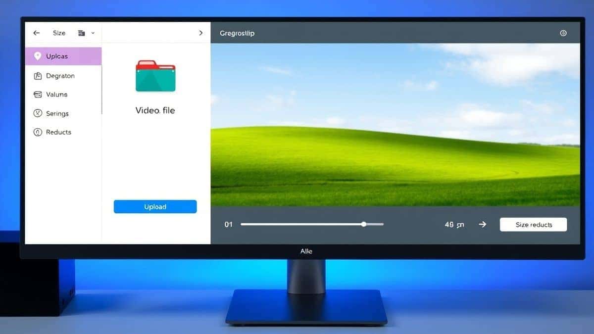 clean modern file compression tool interface showing upload area with video file icon and size reduction options on desktop computer screen