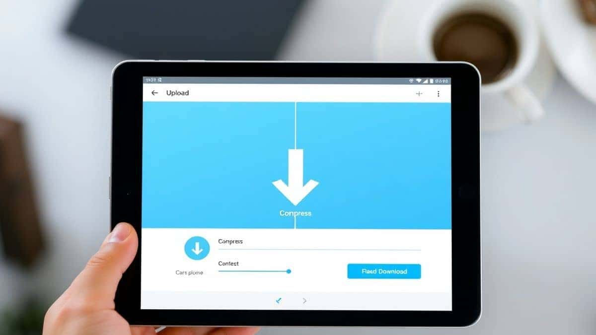 split screen image showing step by step upload compress download process on a digital tablet with a modern user interface split screen image showing step by step upload compress download process on a digital tablet with a modern user interface