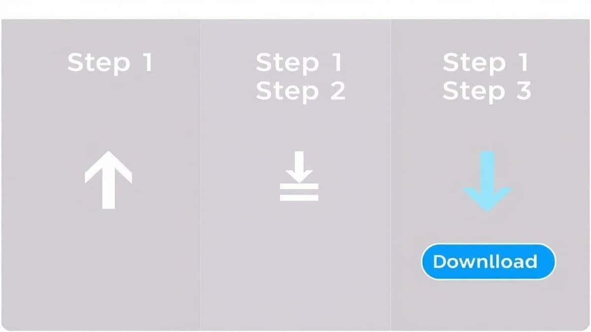three panel illustration showing step 1 upload arrow pointing to step 2 compression icon pointing to step 3 download button