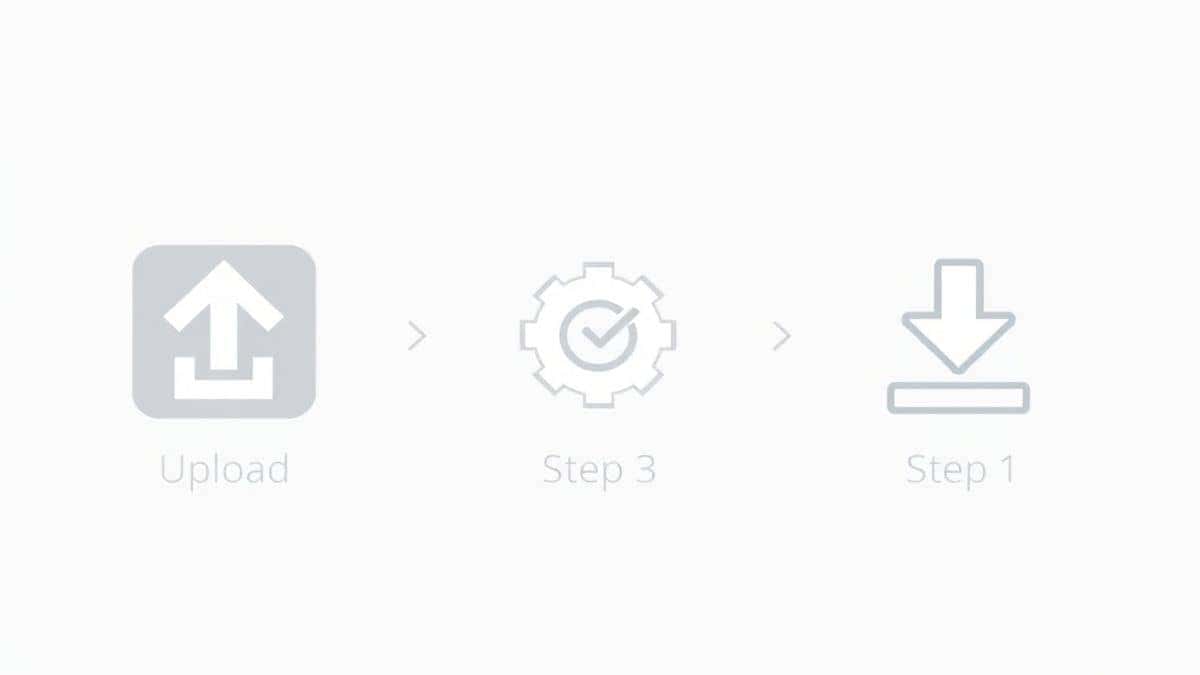 A three-panel graphic showing an arrow pointing to an upload icon, then a gear icon for settings, and finally a download icon, representing the easy workflow.