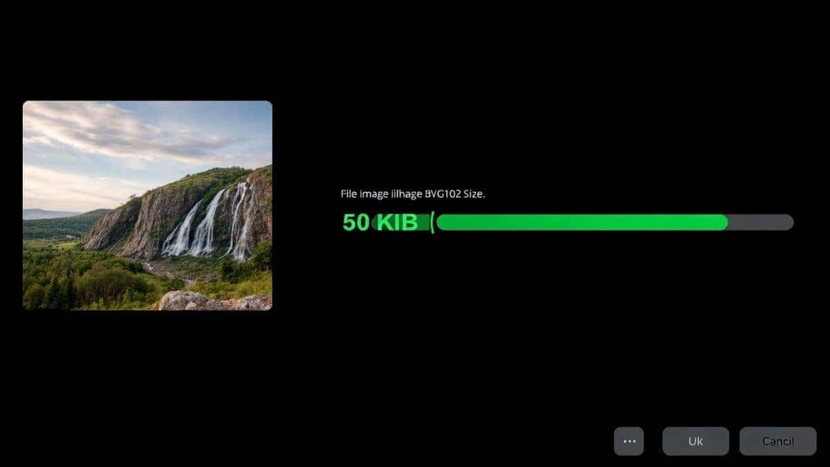 digital interface showing image compression to specific file size like 50kb or 100kb with progress indicator
