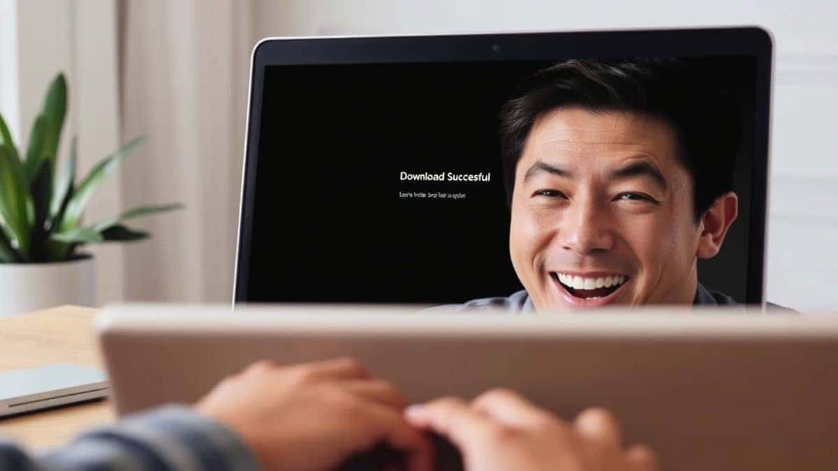 A person looking happily at a laptop screen showing a 