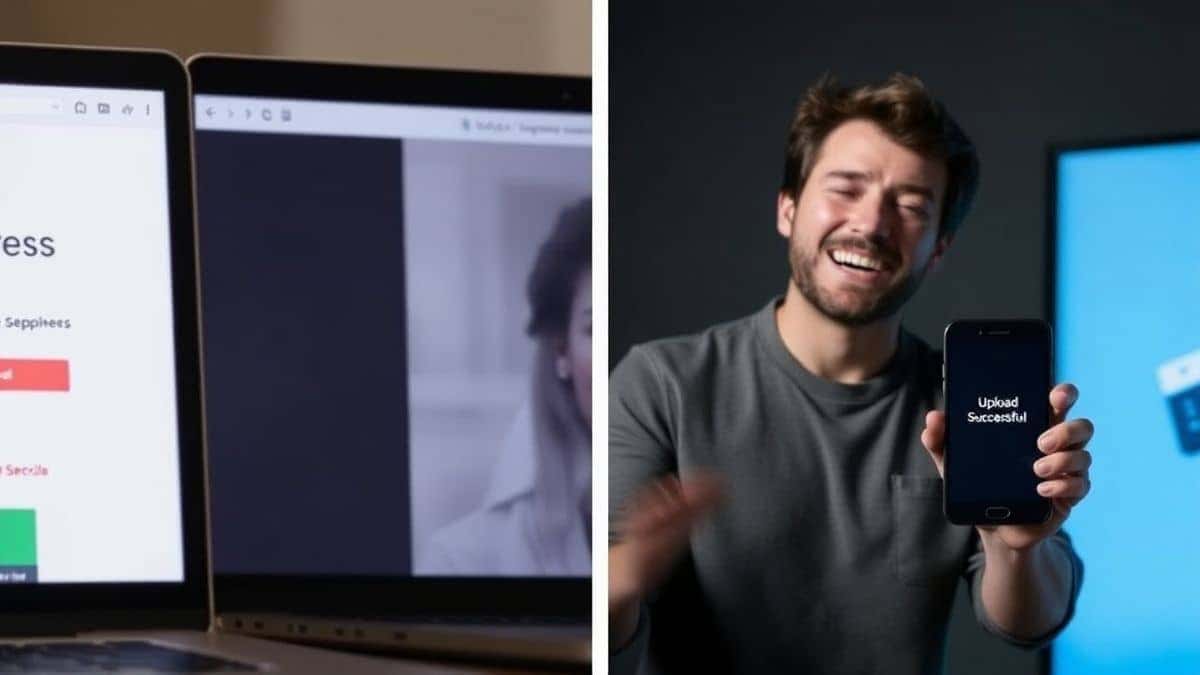 A split screen showing a laptop on the left with the FileCompress website open, and on the right a physical person looking relieved while holding a smartphone showing an 'upload successful' message A split screen showing a laptop on the left with the FileCompress website open, and on the right a physical person looking relieved while holding a smartphone showing an 'upload successful' message