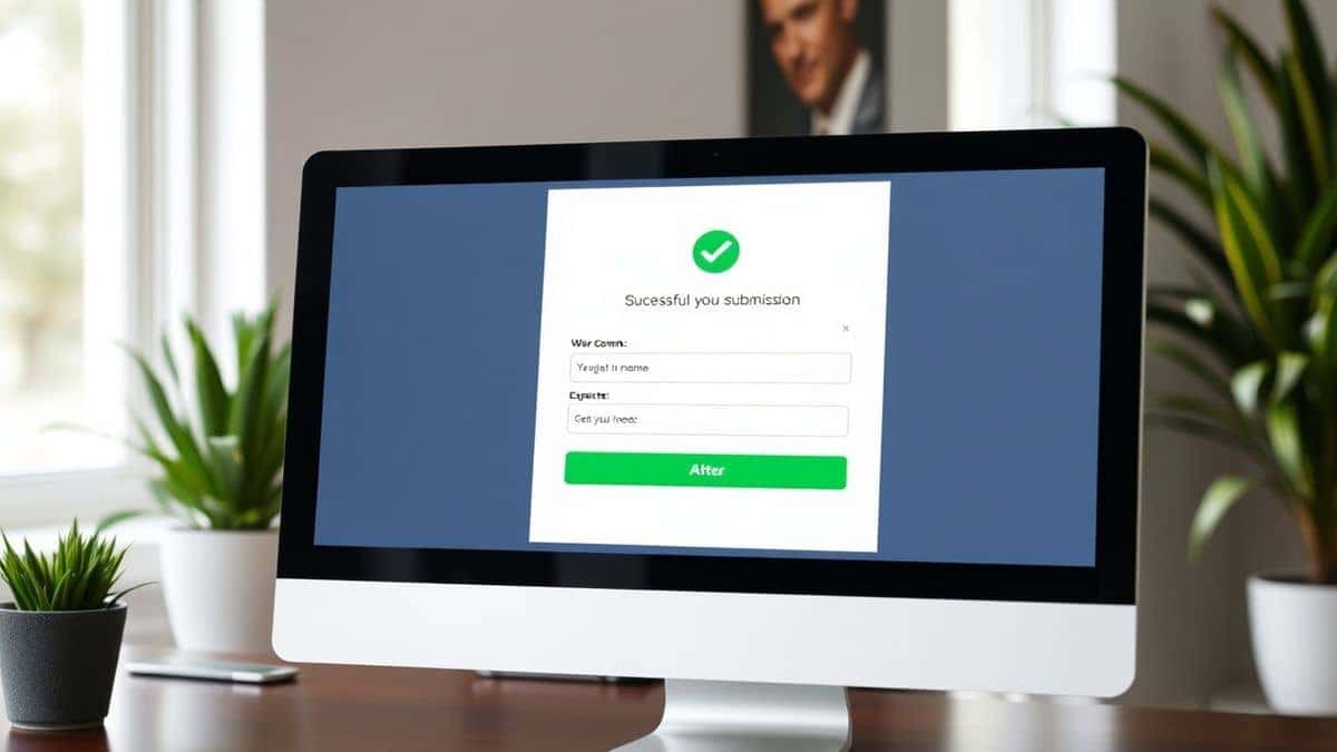 computer screen showing successful form submission after image compression green checkmark confirmation message