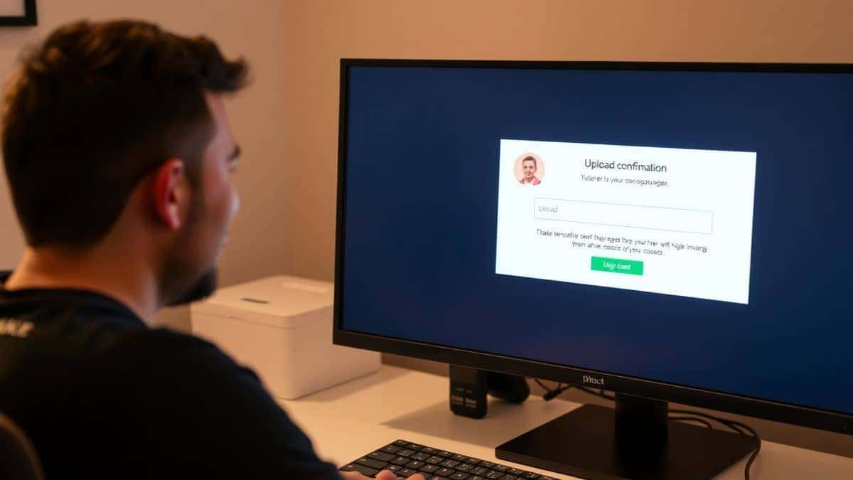 person smiling at computer screen showing successful upload confirmation after compressing image
