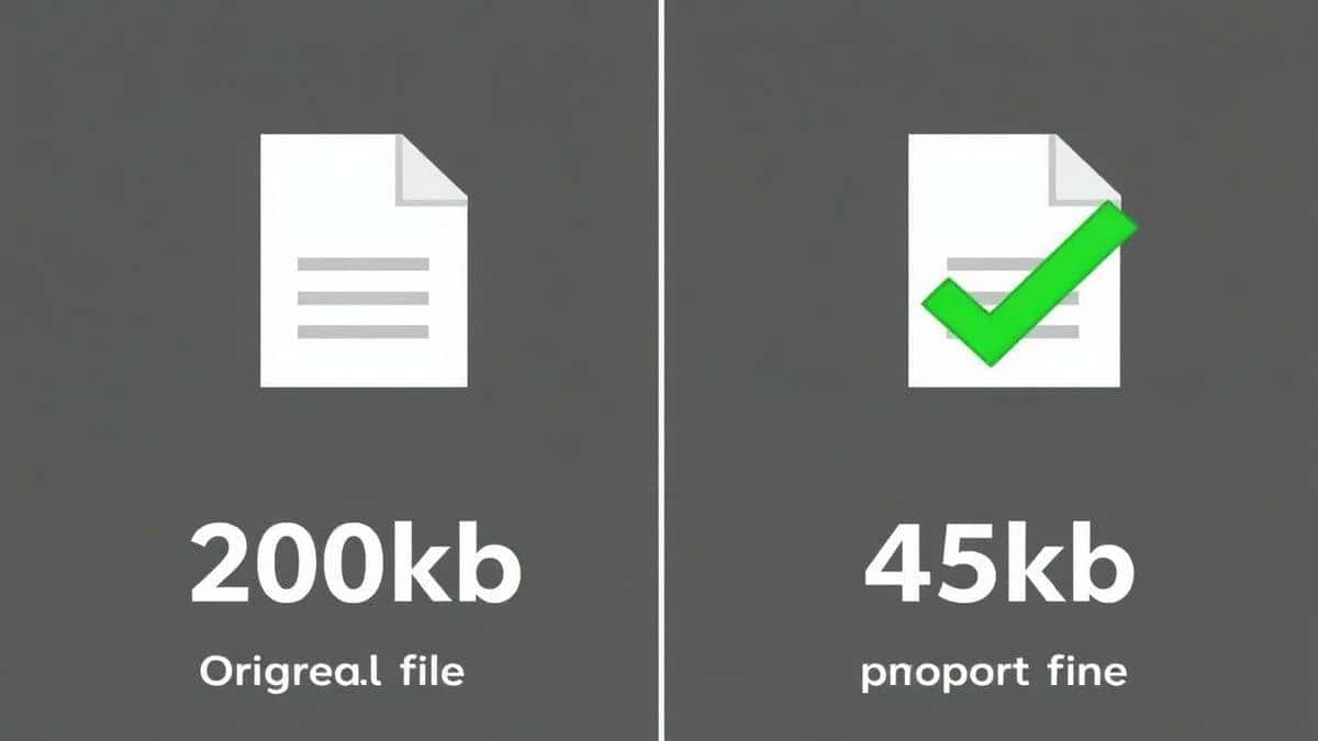 side by side comparison showing original file size of 200kb next to compressed file size of 45kb with green checkmark side by side comparison showing original file size of 200kb next to compressed file size of 45kb with green checkmark