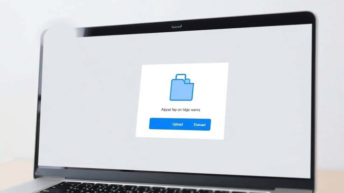 A clean, modern user interface showing an upload button for a file zipper tool on a laptop screen, with a progress bar and download link.
